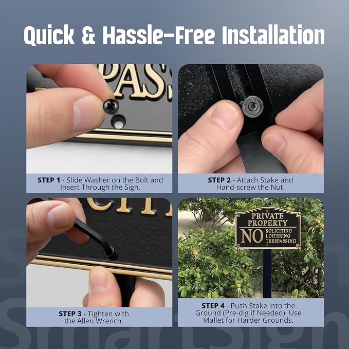 SmartSign Private Property Sign for Yard, No Soliciting Loitering Trespassing Garden Plaque | 5.75" x 9.5" Aluminum Plaque with 18" Black Lawn Stake, Made in USA