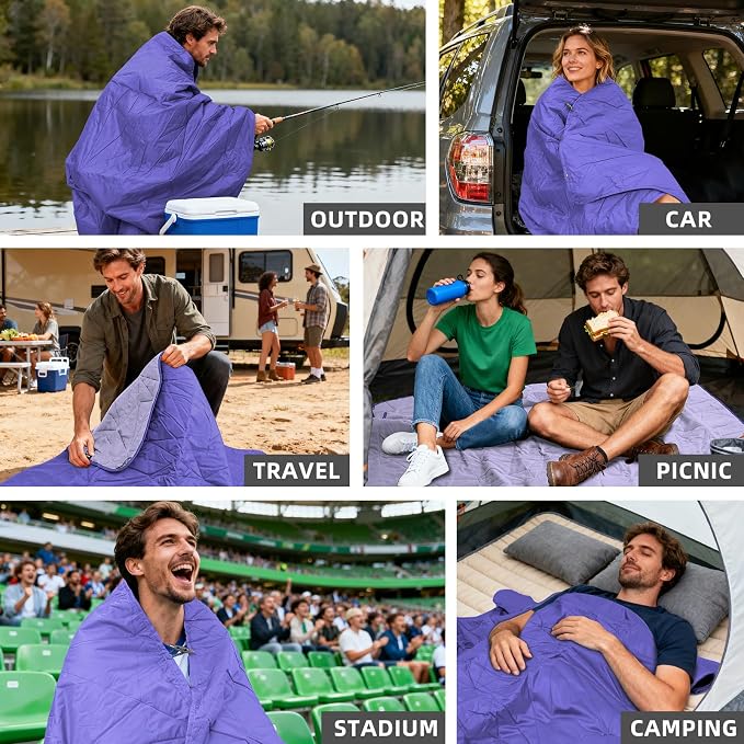 Large Waterproof Outdoor Blanket Thick Fleece 80" x 58" | Windproof Stadium Blanket, Wearable Poncho, Machine Washable for Camping, Car, Pet, Picnics - Purple Hooded
