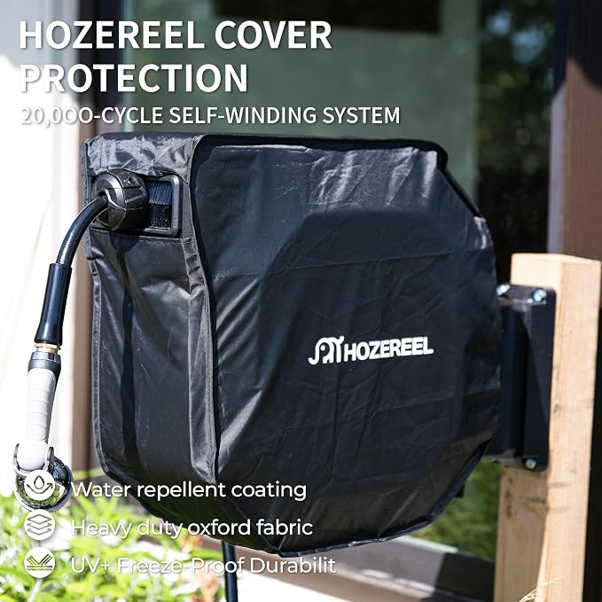 135 ft x 1/2" HOZEREEL Heavy Duty Retractable Garden Hose Reel, Garden Hose Reels Outdoor Organizer- Self Retracting Wall Mount Hose Reel Automatic Recoil Storage, Any Length Lock, 10 Pattern Nozzle