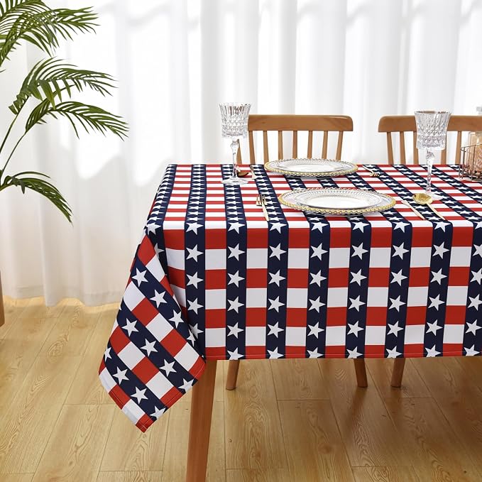 Classic 4th of July Tablecloth Fabric - Oblong 58x120 Water Resistant Chequered Memorial Table Cloth for Indoor/Outdoor Use - Tabletop Cover for Birthday, Picnics, Gardens， and Parties