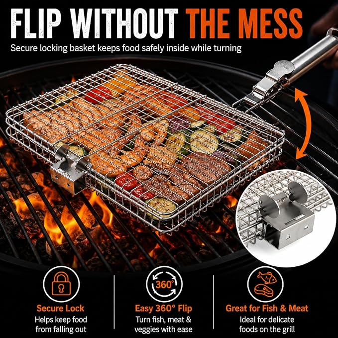 8-Piece BBQ Grill Basket Set - Stainless Steel Vegetable Grilling Basket with Detachable Handle & Lid, Portable Fish Grilling Basket & Meat Roaster, Grilling Gifts for Men Dad