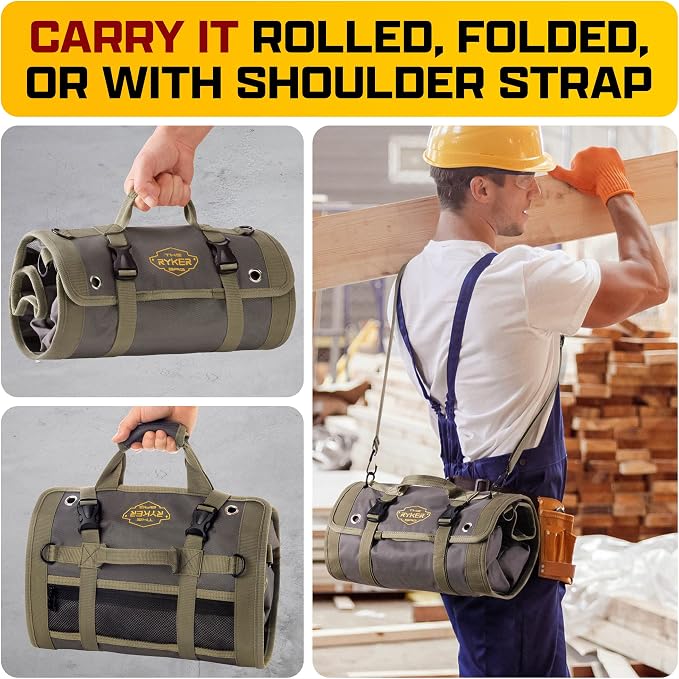 The Ryker Official PRO Tool BAG Organizer Heavy Duty Foldable Storage Bag with Detachable Pouches, Wrench Holder, Rugged Canvas for Mechanics, Electricians, Motorcycle Use, Practical Gift for Dads