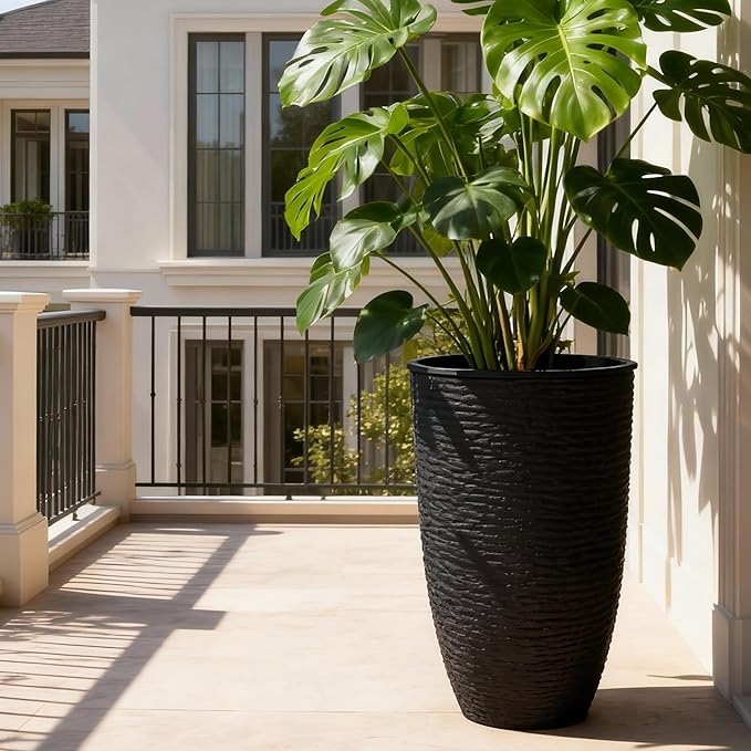 Worth Garden 2-Pack 21" H. Black Tall Planters with Inside Pots - 14'' Dia Plastic Large Round Plant Tree Pots - Decorative Imitation Stone Finish for Indoor Outdoor Front Porch Container Patio