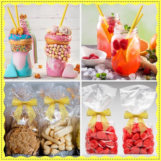 Jutom 200 Pcs Cake Pop Sticks and Bows Kit Include 100 Ribbon Twist Tie Bows 100 Paper Striped Straws for Cake Pops Candies Lollipops Chocolates Wedding Christmas Packaging Party Supplies(Gold)