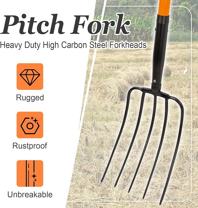 Nohovu 5 Tine Pitchfork for Gardening, Heavy Duty Pitchfork with Fiberglass Handle, Garden Fork for Mulching, 58 Inches