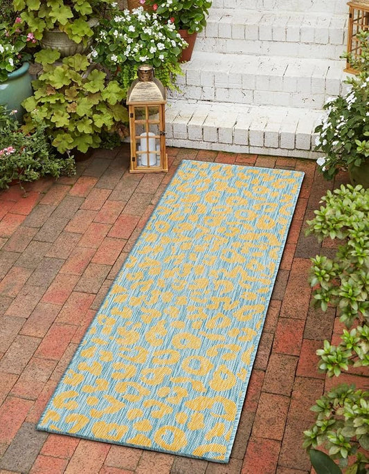 Unique Loom Outdoor Safari Collection Area Rug - Leopard (2' 11" x 10' Runner, Blue Yellow/ Blue)