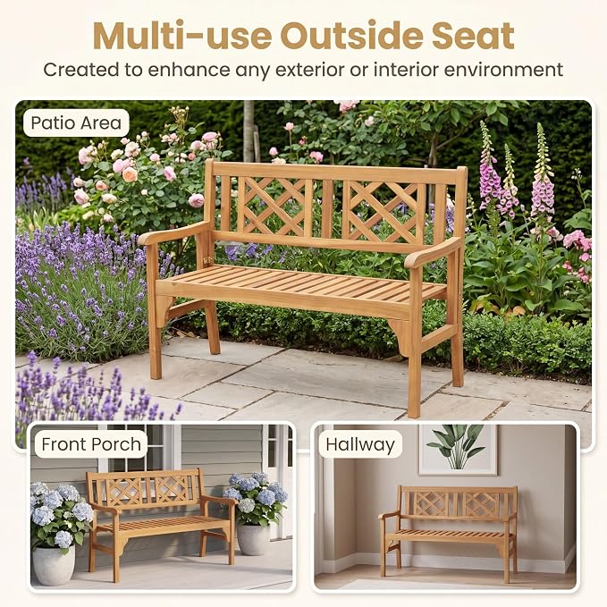 Giantex 4 Ft Foldable Outdoor Bench, Acacia Wood Outside Loveseat with Curved Backrest and Armrest, 705Lbs Weight Capacity, Garden Bench for Patio, Park, Porch, Balcony