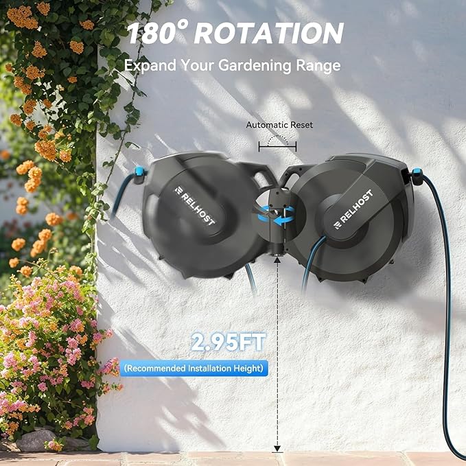 Relhost Retractable Garden Hose Reel, 5/8 in x 100 ft Wall Mount Heavy Duty Hose Reel with Any-Length Lock, Auto Rewind System, 180° Swivel Bracket, and 10-Pattern Nozzle for Garden, Dark Grey