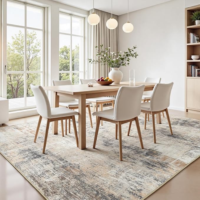 9x12 Area Rug for Living Room, Abstract Washable Non-Slip Large Rugs, Gold | Soft Neutral Carpet for Bedroom, Dining Room, Home Office Nursery Indoor, Stain Resistant, Low Pile, Foldable Modern Rug