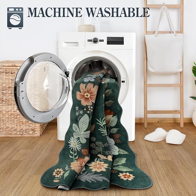 Lahome Floral Green Rugs for Entryway, 2X3 Washable Kitchen Rugs Non Slip | Soft Rug Ultra-Thin Indoor Door Mat Boho Small Throw Carpet for Bathroom Bedroom Flore (2x3ft, Dark Green)