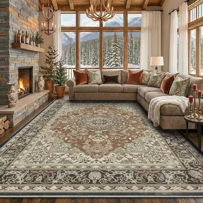 9x12 Area Rugs Washable Large Vintage Rug for Living Room Bedroom | Farmhouse Boho Floral Neutral Washable Stain Resistant Indoor Carpet for Bedroom Office and Home Decor (Brick&Brown)
