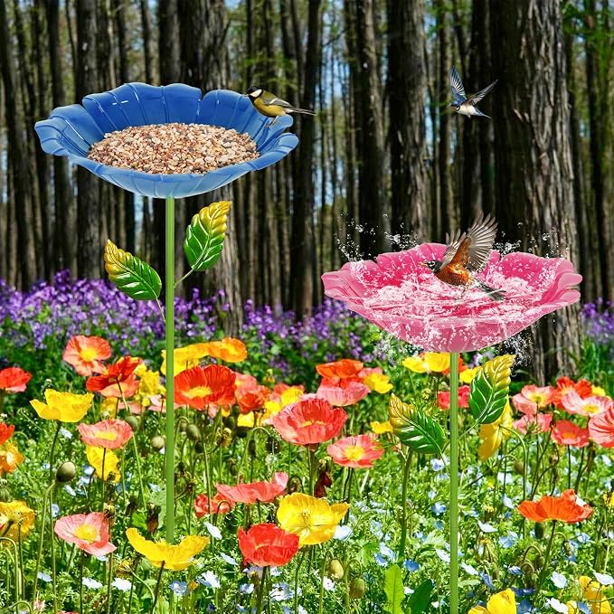 2 Pack Bird Baths for Outdoors, Colorful Metal Bird Bath for Outside, Hummingbird Bath with Five Stakes, Garden Flower Small Birdbath for Garden Decor, 31.3" H x 10.63" Dia (Royal Blue,Pink)