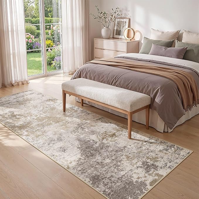 Nakagishi 3x8 Abstract Washable Area Rugs for Entryway-Brown Grey | Modern Non-Slip Silicone Backing Low Pile Soft Carpet for Bedroom Dining Decor for Families with Kids and Pets