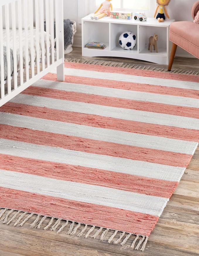 Unique Loom Chindi Rag Collection Area Rug - Striped (5' 1" x 8' Rectangle, Coral and Ivory)