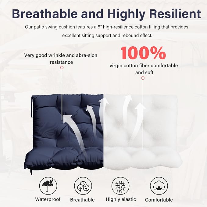 Porch Swing Cushion with Backrest,Waterproof Bench Cushion for Outdoor Furniture,2-3 Seater Replacement Thickened 5 in swing cushion,with Ties,Patio,Outdoor,Backyard and Garden (Navy Blue,47x40 in)
