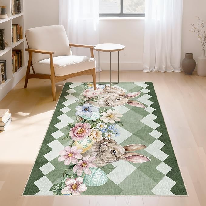 cotiled Area Rug for Living Room, Washable Non-Slip Large Area Rug, Indoor Floor Carpet Low Pile Soft Boho Farmhouse Rug for Bedroom Dining Room Green 3x5