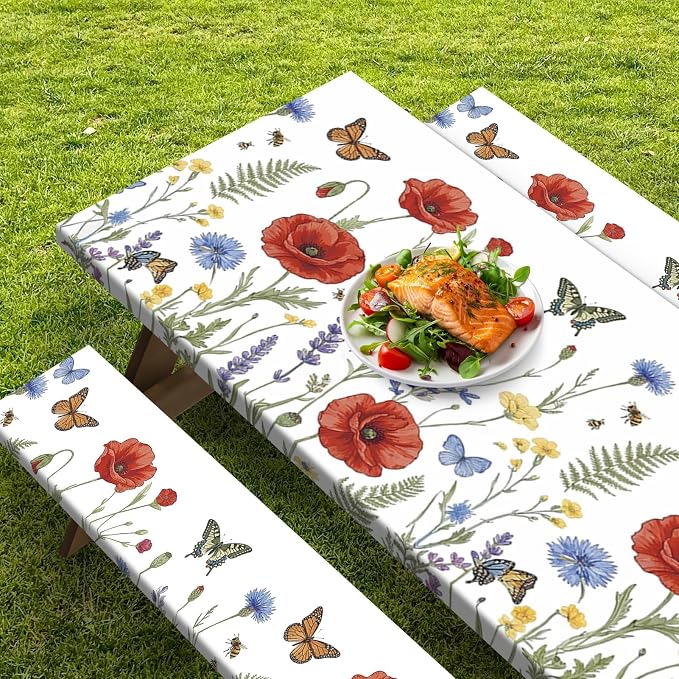 Picnic Table Cover with Bench Covers Elastic Edges, Wildflower Camper Fitted Table Cover, Outdoor Camping Essentials 72 Inch 3PCS, Waterproof Camping Fitted Tablecloth with Drawstring Bag