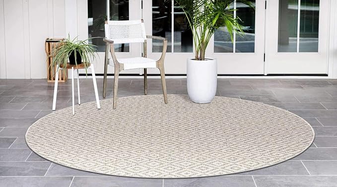 Unique Loom Outdoor Collection Area Rug - Costa Rica (4' 1" Round, Light Gray/ Ivory)