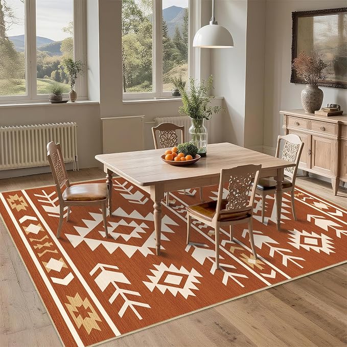 Area Rug 6x9 Western Rug Living Room Southwestern Aztec Tribal Rugs Southwest Navajo Machine Washable Non-Slip Printed Low-Pile Floor Carpet for Bedroom Dining Room Office, Yellow Brown