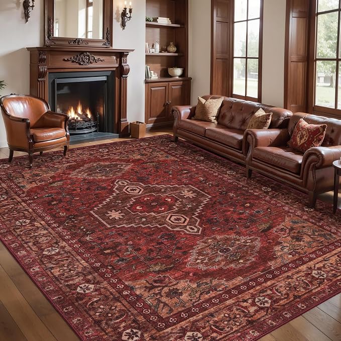 Tangsoo Red Boho 6x9 Washable Area Rugs for Living Room, Non Slip Large Rug | Oriental Indoor Print Carpet, VIntage Soft Low Pile Foldable Floor Rug for Bedroom Dining Room Office Dark Red Home Decor