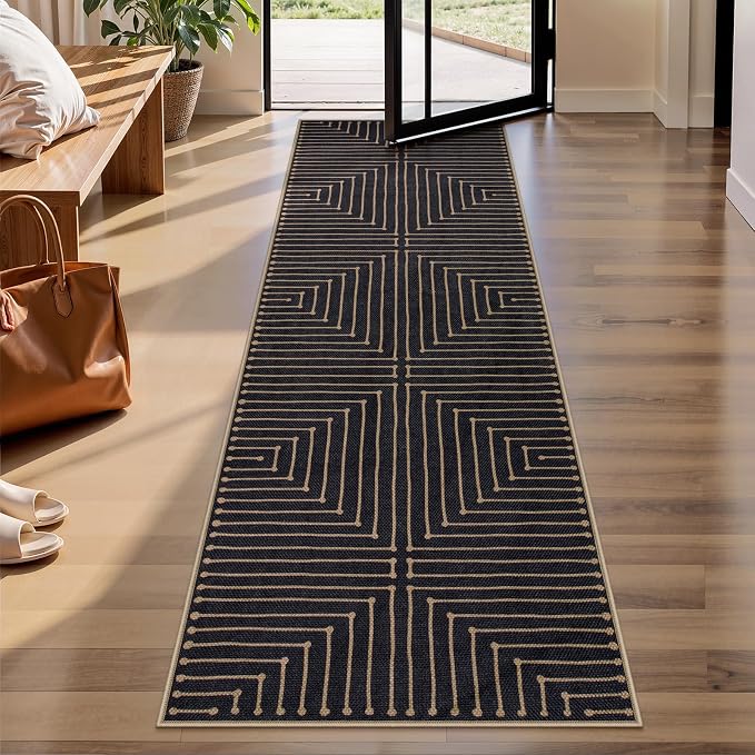 Lahome Black 2x8 Kitchen Runner, Modern Geometric Runner Rug Non Slip | Farmhouse Rhombus Low Pile Non Shedding Indoor Outdoor Carpet Runner for Hallway Entryway