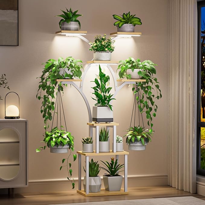 Elbourn 8 Tiered 60" Tall Plant Stand Indoor Shelf with Grow Lights (White) | Corner Shelf Decor