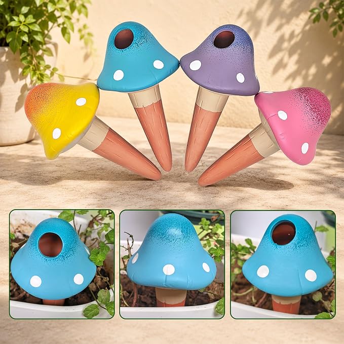 Terracotta Watering Spikes 4 Pack, Cute Self Watering Plant Spikes, Clay Plant Watering Devices, Slow Release Self Watering Planter Insert for Indoor Outdoor Potted Plants (Mushroom) | Porous terracotta, Top refill design, Decorative owl shape, Easy pl...