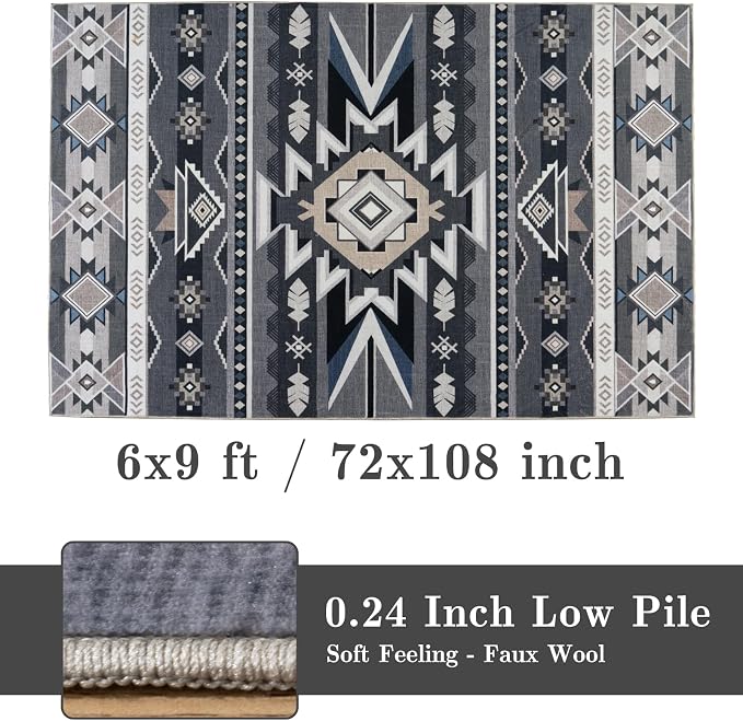 6x9 Western Rustic Aztec Area Rug for Living Room Bedroom Dining Room | Southwestern Tribal Grey Low Pile Faux Wool Rug, Machine Washable Non-Slip Carpet for Living Room Dining Bedroom