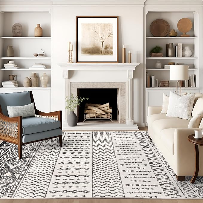 Art&Tuft 6x9 Area Rugs for Living Room, Large Washable Rug Non Slip, Black | Low Pile, Soft & Lighweight, Folable, Stain Resistant Indoor Moroccan Carpet for Bedroom, Kitchen, Dining Room, Home Office
