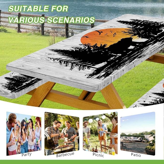 Picnic Table Cover with Bench Covers Wooden Forest Cabin Camping Essentials Waterproof Windproof Camping Tablecloth with Drawstring Bag, Fitted Rectangle Tables and Seats White，60" x 30" inch
