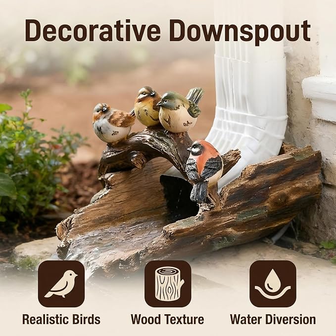 Gutter Downspout Extension Decoration Splash Block Outdoor Statues Garden Decor, 11.4" L x 6.9" W Four Birds Gutter Downspout Garden Robin Bird Sculpture Rain Concrete Pond Accessory, Gift for Mom