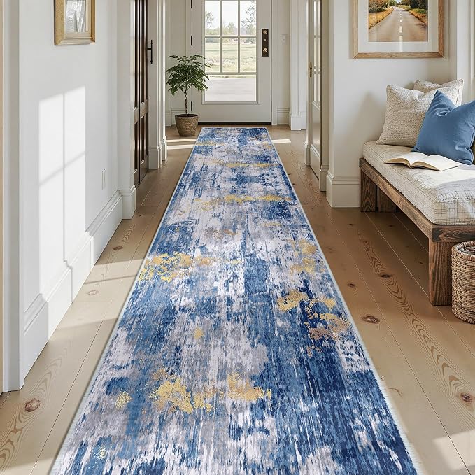 RELEANY Washable Runner 2'6"x14' Abstract Area Rug for Hallway Blue Gold | Carpet for Kitchen, Entryway, Bathroom, Living Room, Bedroom, Printed Pattern, Non‑Slip, Soft, Stain‑Resistant, Easy to Clean