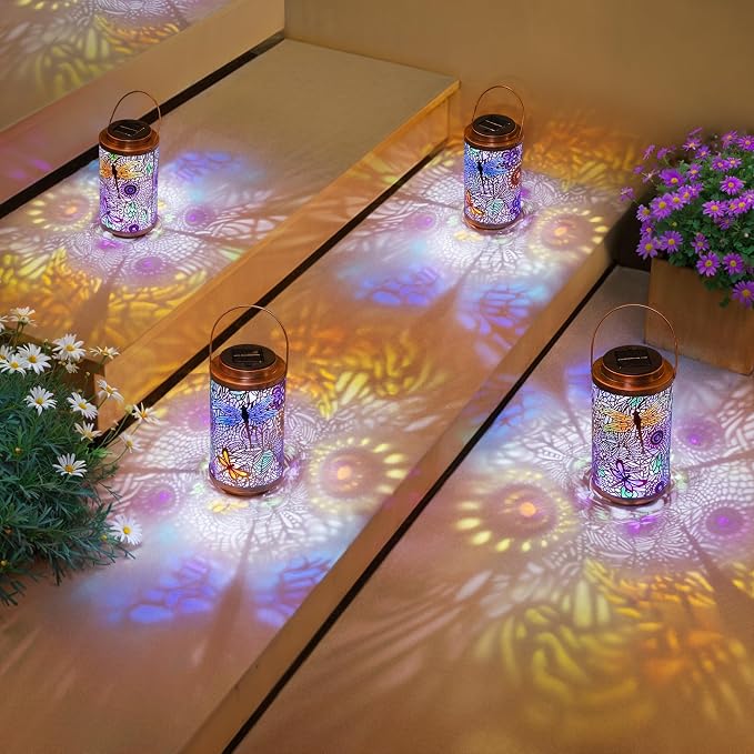 2Pack Solar Outdoor Lanterns Waterproof Multicolor Dragonfly Garden Gifts for Mom Women Backyard Lights Lanterns for Indoor,Outdoor, Outside,Mothers Day Gifts for Grandma Wife