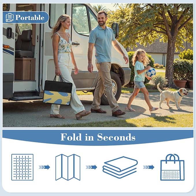 Lahome Sea Coral 9x12 Picnic Beach Rug, Reversible Outdoor Pool Rv Camping Rug, Waterproof Plastic Straw Blue and Yellow Mats for Outside Camping Patio Deck, Blue 9'x12'