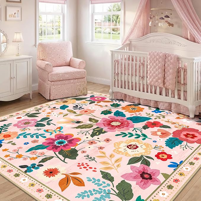 RELEANY Floral Washable Square 6ft Area Rug Pink | Flower Carpet, Print, Boho, Non-Slip, Easy to Clean, Soft, Low Pile for Living Room Bedroom Kitchen Office Entryway Hallway