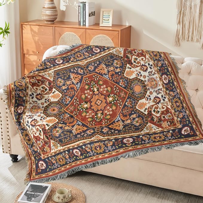Boho Throw Blanket Reversible Cotton Bohemian Tapestry Hippie Room Decor Outdoor Blanket Double Sided (Boho Patten 50"x60")