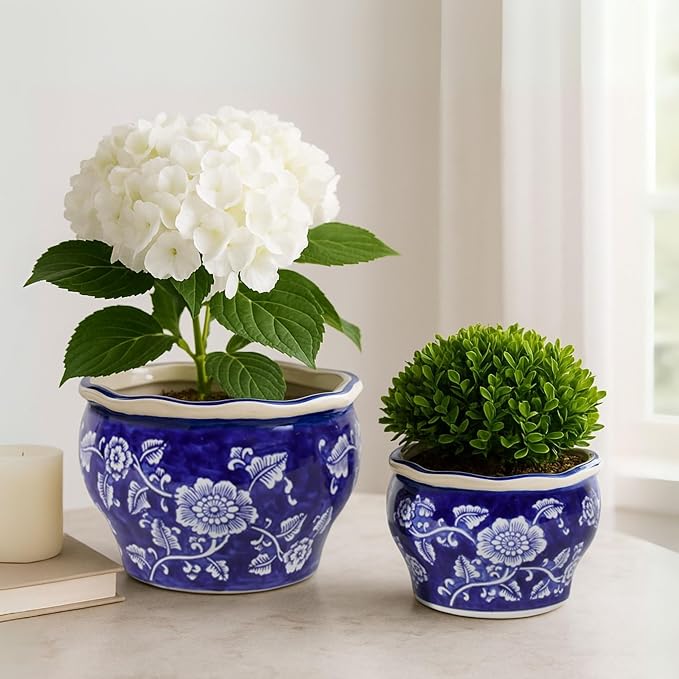 Set of 2 Round Chinoiserie Decorative Ceramic Planter Pots – Stoneware Outdoor & Indoor Plant Pots with Drainage – Modern Garden & Home Decor Planters – 6" & 5", Blue & White