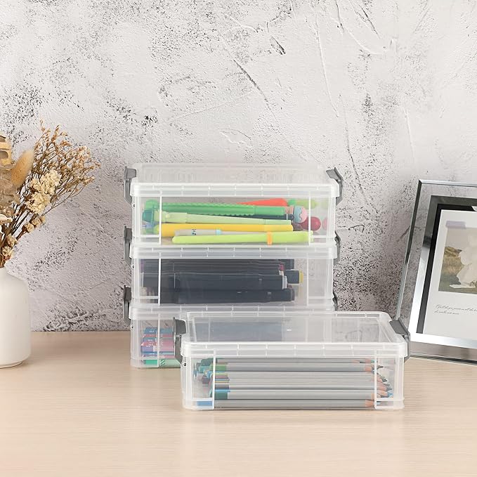 BTSKY 4 Pack Extra Large Plastic Pencil Box Stackable Translucent Clear Pencil Caase Crayon Box Set, Marker Organizer Art Supply Storage Organizer for Gel Pens Pencils Erasers Tape Markers etc(Grey)