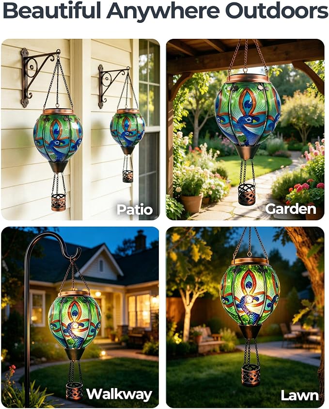 Hot Air Balloon Solar Lantern with Flickering Flame, Glass Hanging Garden Lights Outdoor Waterproof for Tree Yard Patio Mother's Day Gift (Peacock)
