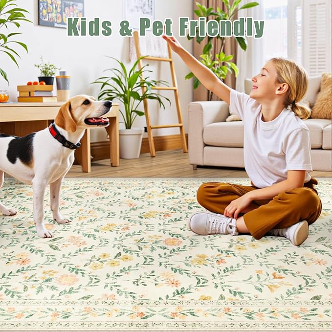 PLHXFR Area Rug Living Room: 4x6 Floral Washable Boho Carpet Beige Multi | For Bedroom Dining Room Farmhouse Nursery Hallway,Vintage Floral,Machine washable,Non Slip,Stain Resistant,Large Indoor