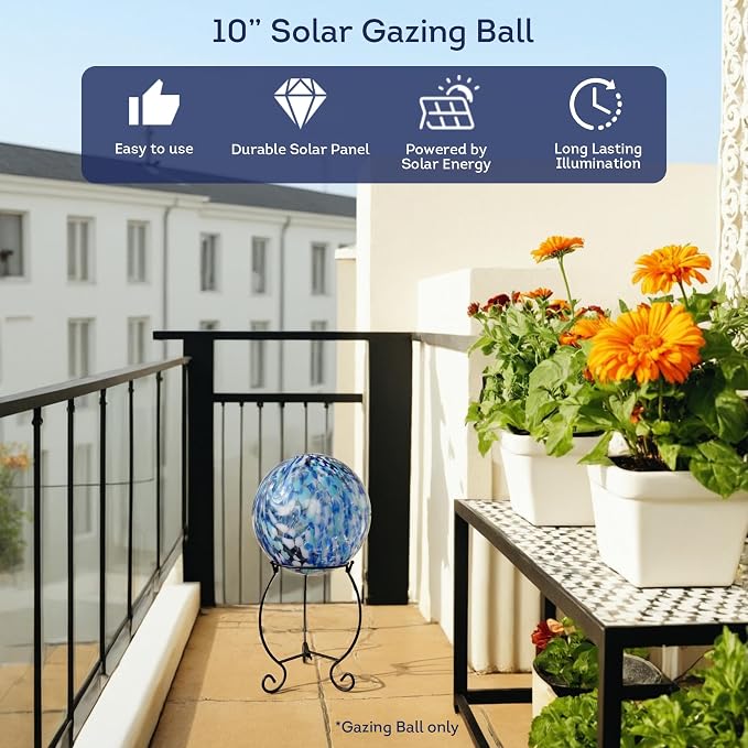 Lily's Home Gazing Ball - 10" Glass Globe with Solar Powered Lights - Outdoor Solar Lights for Yard & Patio - Garden Decor - Automatic On/Off Photosensitive Switch - Blue