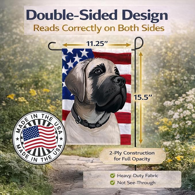 Caroline's Treasures CK6513GF English Mastiff Dog American Flag Garden Flag Mailbox Flag Decorative Yard Flag Banner Outside Patio Artwork Yard Flower Beds, Garden Size, Multicolor
