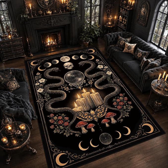 5x7 Gothic Area Rug for Living Room Bedroom Goth Skull Snake Witch Dark Black Large Rug Machine Washable Non-Slip Carpet for Dining Room Office