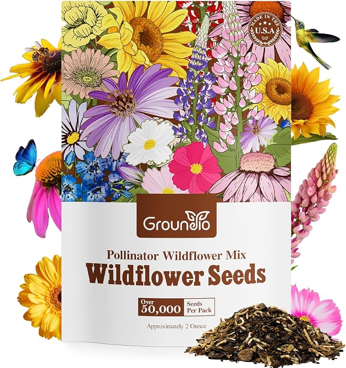 Groundio Wildflower Seeds, 2 OZ, 100,000+ Seeds, 28 Varieties Annual & Perennial Wild Flower Seeds Mix, Attracts Bees, Butterflies & Birds, Colorful Flowers Seed to Plant Outside