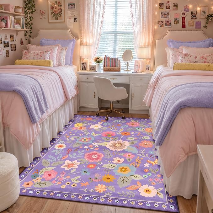 RELEANY Floral Washable 5x7 Area Rugs Purple/Pink | Flower Carpet, Print, Boho, Non-Slip, Easy to Clean, Soft, Low Pile for Living Room Bedroom Kitchen Office Entryway Hallway