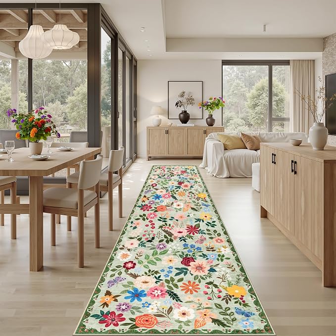 PLHXFR 2.6x14 Washable Runner Rug：Floral Indoor Kitchen Soft Carpet Green | For Hallway Bedroom Kitchen Laundry Bathroom Dorm,Vintage Floral,Machine washable,Non Slip,Stain Resistant,Indoor Floor