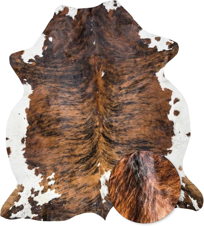 HIDES BAZAAR Brown Brindle Cowhide Rug 6x8 ft, Real Hair on Hide Area Rug | Brown, black and white brindle stripes. Genuine hair on hide tanned soft, cow skin rug that fits ranch to modern decor