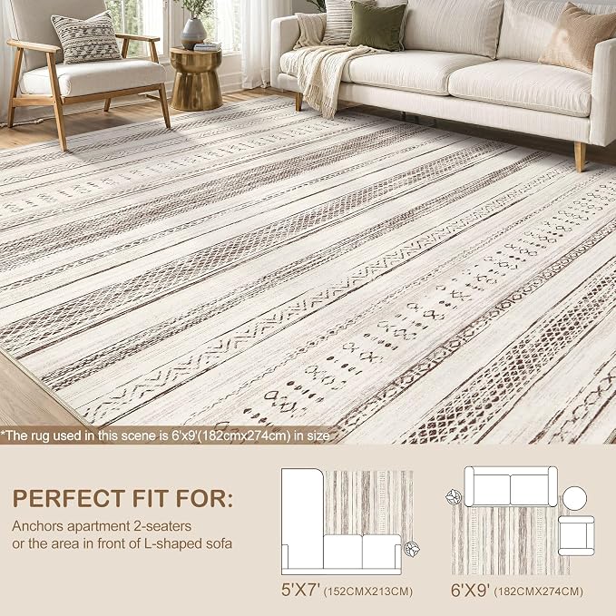 Tortania Area Rug Living Room Rugs - 6x9 Washable Large Soft Neutral Boho Moroccan Bohemian Farmhouse Rug Indoor Floor Carpet for Bedroom Under Dining Table Home Office Decor - Brown Beige
