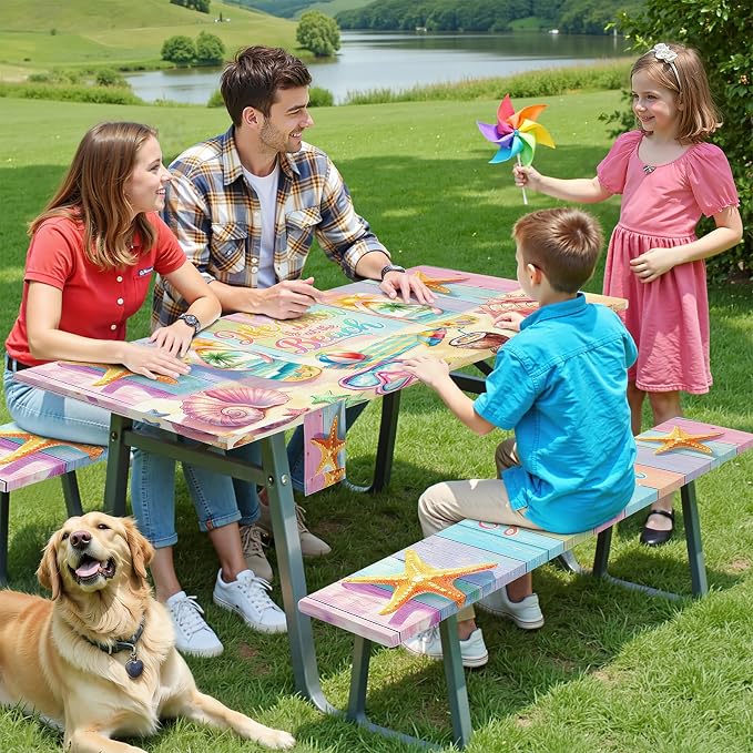 Picnic Table Cover with Bench Covers Elastic,Fitted Table Cloths for Rectangle Tables 6 Foot Washable,Waterproof Tablecloth for Outdoor Camping Essentials (Colorful Beach, 6 Foot)