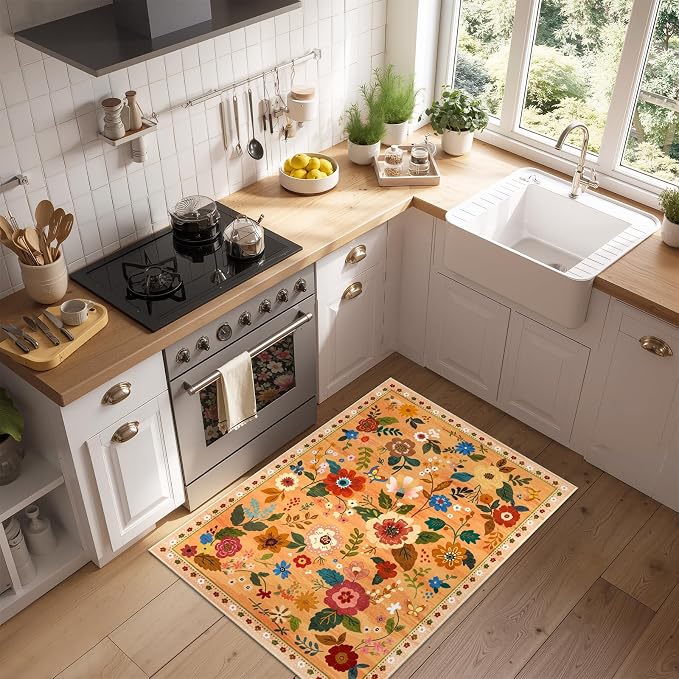 RELEANY Floral Washable 2x3 Area Rugs Doormat Orange/Yellow/Red | Flower Carpet, Print, Boho, Non-Slip, Easy to Clean, Soft, Low Pile for Living Room Bedroom Kitchen Office Entryway Hallway